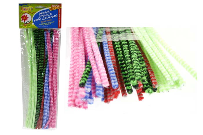 Chenille Stems 6mm Pk 50 Striped 5 cols (L/Bl,Pk,Gr,Red,Lime)